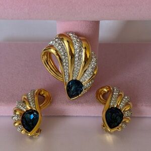 Swarovski Swan Rhinestone Faux Sapphire Set hair broach and clip earring set